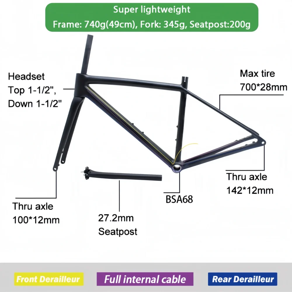 Thru-axle Disc Brake 680g Supperlight Carbon Fiber Road Frame