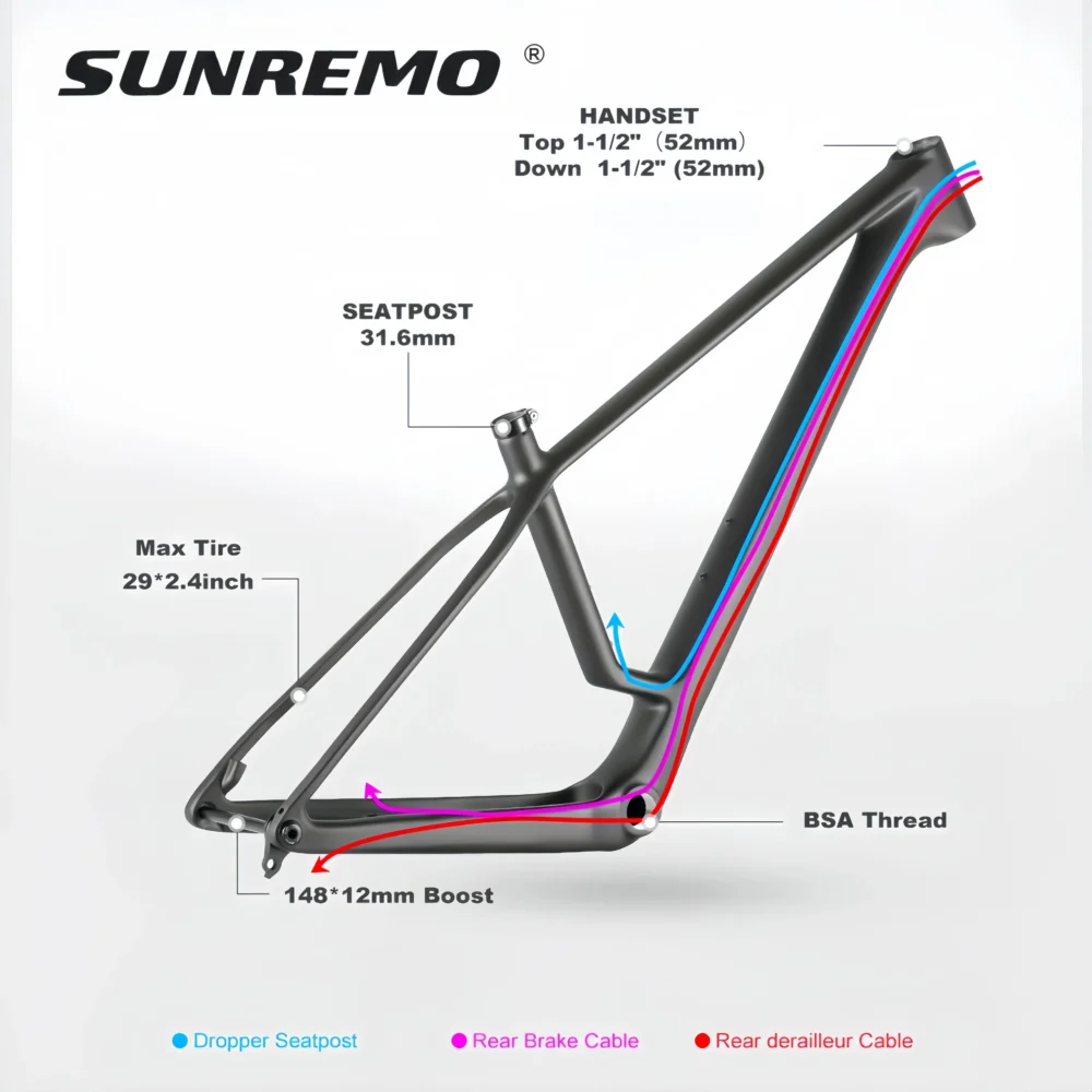 SR-M08 T1000 Carbon Mountain Bike Frame UDH Hanger 12x148mm Boost Travel 110mm 29er Hardtail MTB Carbon Frame