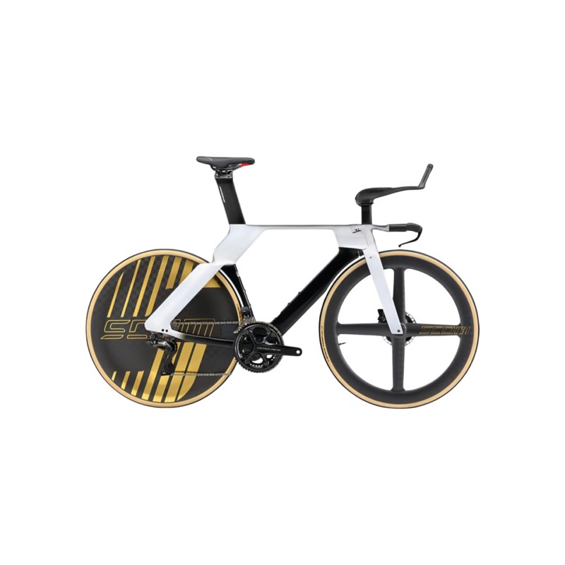 Aerodynamic Road Bike - Tri-Spoke Front Wheel | Enclosed Rear Wheel | Black White Gold Accent