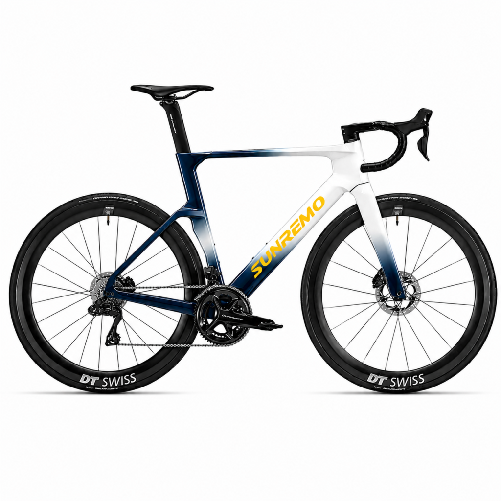 SUNREMO SR-Aero carbon aero road bike, BlueWhite Gold, drive-side profile, Shimano Dura-Ace Di2 and DT Swiss carbon wheels