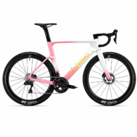SUNREMO SR-Aero carbon aero road bike, PinkWhite Gold, drive-side profile, Shimano Dura-Ace Di2 and DT Swiss carbon wheels