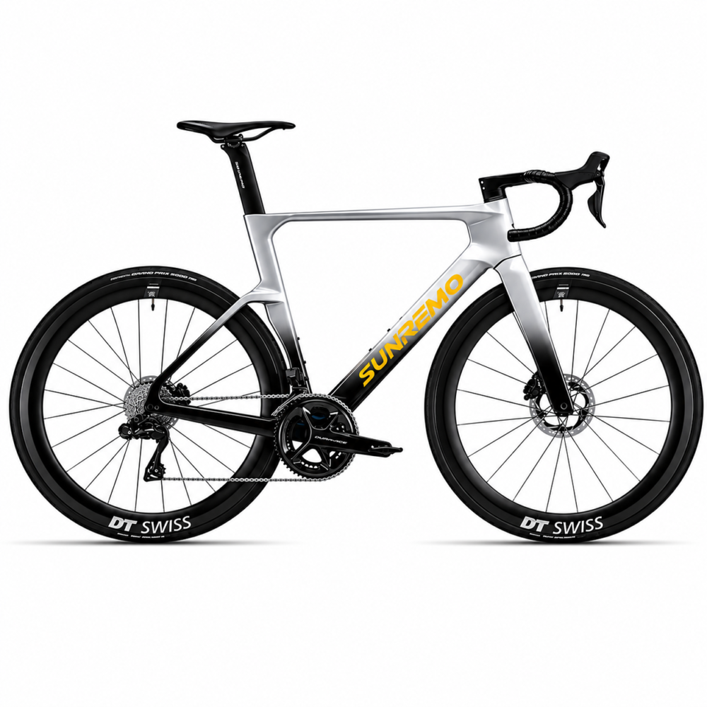 SUNREMO SR-Aero carbon aero road bike, SilverBlack Gold, drive-side profile, Shimano Dura-Ace Di2 and DT Swiss carbon wheels